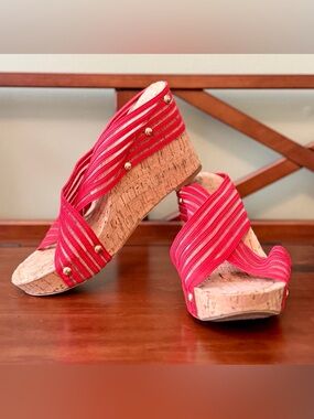 Red Striped Cork Wedge Sandals - Size 8